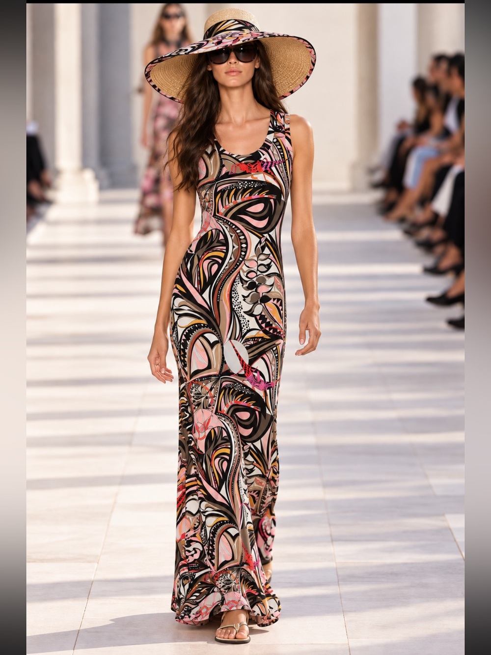 EMILIO PUCCI Grasshopper Print Jersey Maxi Multicolor Sleeveless Dress Size 4